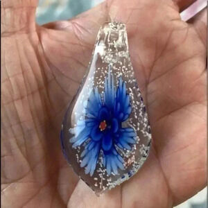 Blue GLOW IN THE DARK Murano Glass Teardrop Necklace Pendant NWT